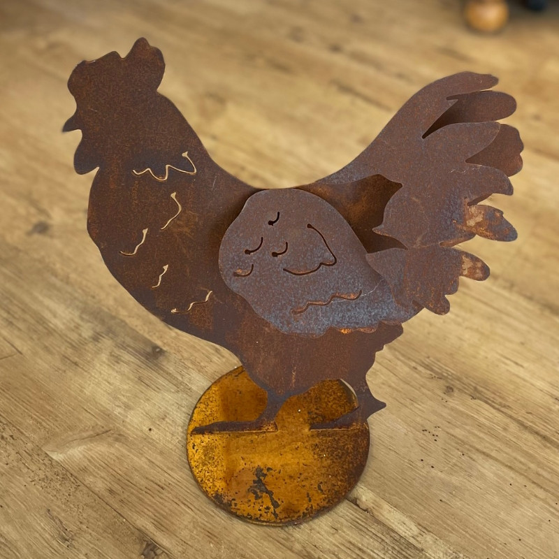 Edelrost Huhn "Poulet" auf Platte mit 3D-Effekt
