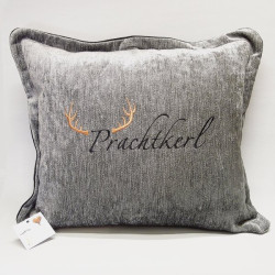 Zierkissen Chenillesamt bestickt "Prachtkerl" 45x45 | dunkelgrau