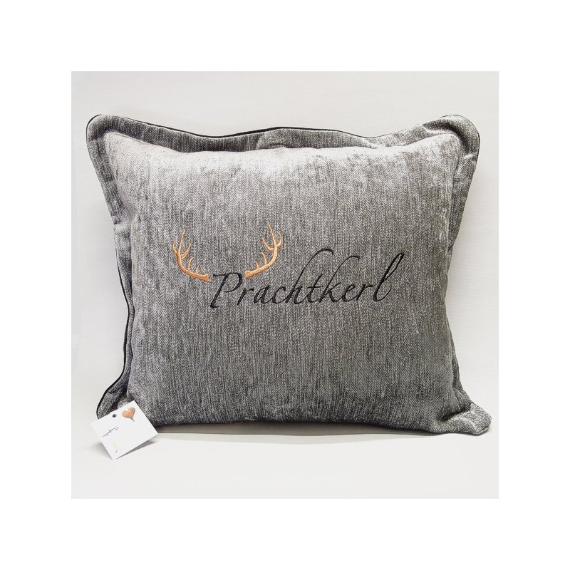 Zierkissen Chenillesamt bestickt "Prachtkerl" 45x45 | dunkelgrau