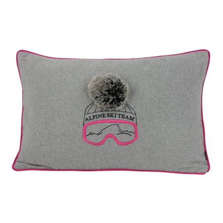 Edles Zierkissen Stick Alpine Ski Team "Milo"  | grau-pink