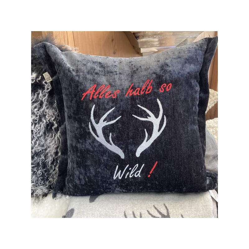 Zierkissen Chenillesamt bestickt "Alles halb so Wild" | anthrazit
