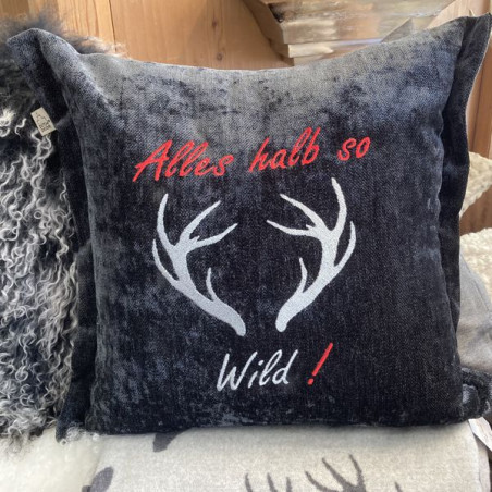 Zierkissen Chenillesamt bestickt "Alles halb so Wild" | anthrazit