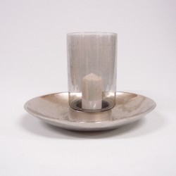 Windlicht mit Schale | ovales Tellerwindlicht antik silber Alu Nickel Rauchglas