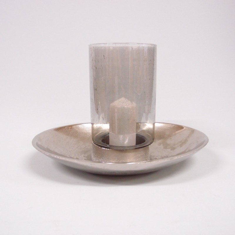 Windlicht mit Schale | ovales Tellerwindlicht antik silber Alu Nickel Rauchglas