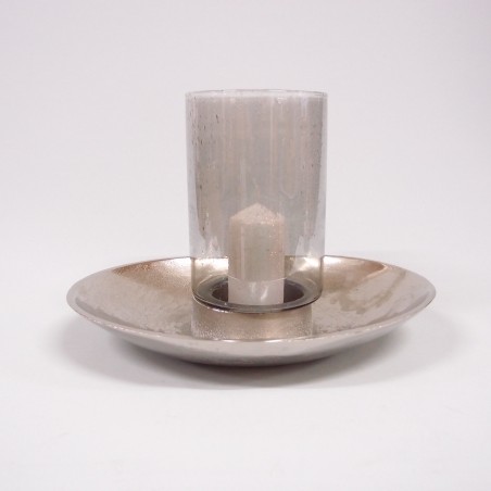 Windlicht mit Schale | ovales Tellerwindlicht antik silber Alu Nickel Rauchglas